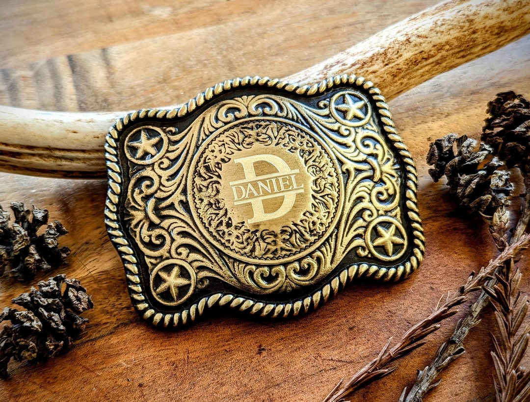 Personalized Engraved Belt Buckle: USA Made Brass Finish Cowboy Buckle ...