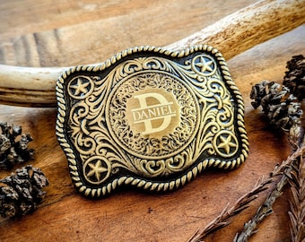Personalized Engraved Belt Buckle: USA Made Brass Finish Cowboy Buckle