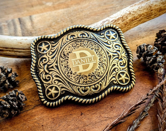 Engraved Belt Buckle Made in USA Personalized with Name and Initial, Brass Color Belt Buckle for Him or Her