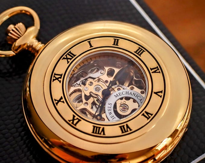 Jean Pierre® of Switzerland Gold Mechanical Pocket Watch with Window, Double Hunter Skeleton Pocket Watch, Anniversary Gift for Him