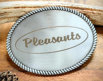Engraved Silver Grey Belt Buckle: Custom Logo Gift