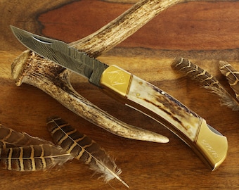 Large Stag Horn Damascus Steel Knife with Leather Sheath, Personalized Groomsman Pocket Knife