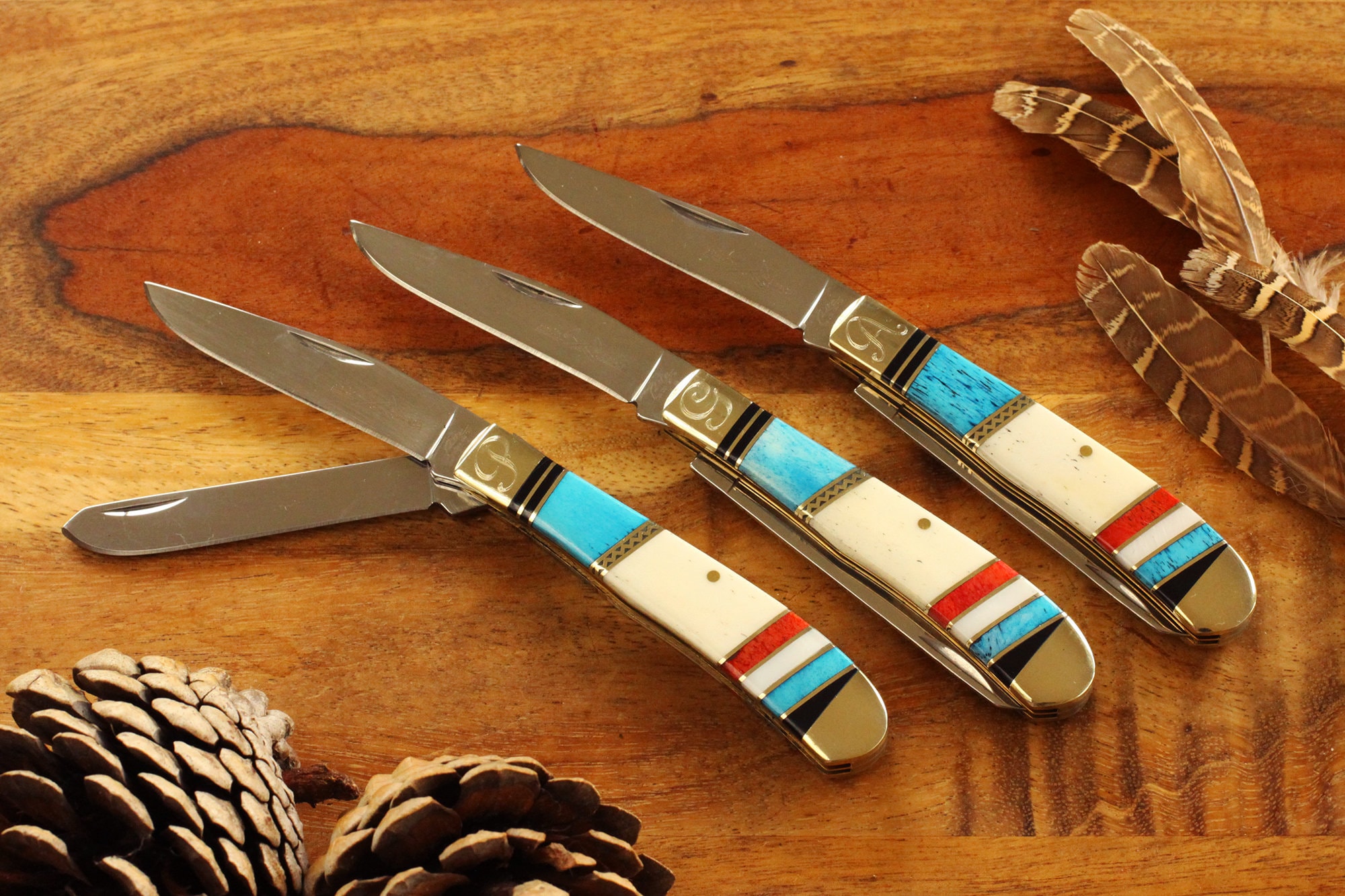 Set of 8 Double Blade Pocket Knife Inlaid Turquoise Colored Etsy