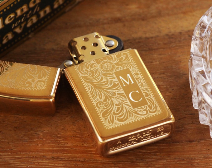 Gold Venetian SLIM Official Zippo Lighter,  Vintage Style Brass Zippo, Bridesmaids Groomsman Gift with Custom Personalized Engraving