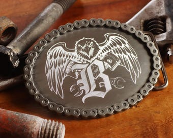 Engraved Silver Grey Biker Belt Buckle: Gift For Him