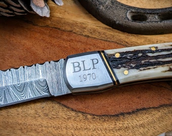 Bolster Large Stag Horn Damascus Steel Knife with Leather Sheath, Damascus Steel Blade Knife