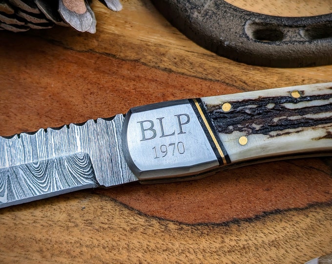 Stag Horn Damascus Steel Knife Engraved with Leather Sheath
