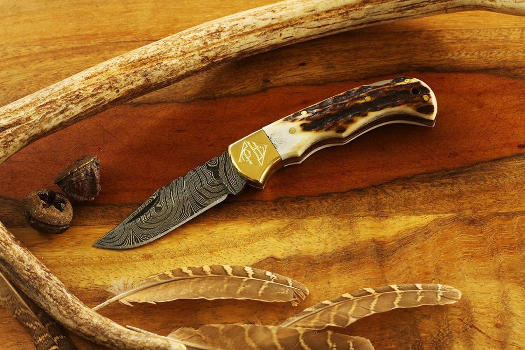 Damascus Steel Stag Antler Handle Fixed Blade Knife Custom Damascus Pocket  Knife Anniversary Gift Gift for Husband Gift for Dad 