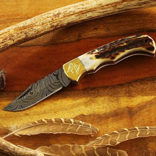 Personalized Groomsmen Stag Horn Handle Damascus Pocket Knife, Anniversary Gift for Him, Minimalist