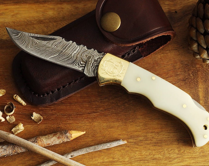 Damascus Steel Folding Pocket Knife Personalized Groomsman Gift with White Bone Handle and Leather Sheath