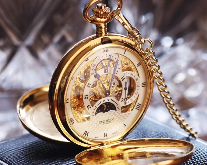 Sun and Moon Jean Pierre® of Switzerland Gold Mechanical Double Hunter Skeleton Engraved Pocket Watch, Dual Time Multi Dial Watch