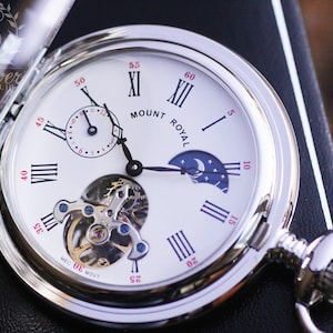 Mechanical Sun & Moon Pocket Watch: Chrome Half Hunter, Personalized
