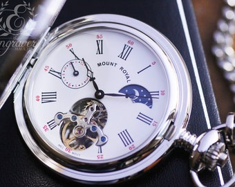 Mechanical Sun & Moon Pocket Watch: Chrome Half Hunter, Personalized