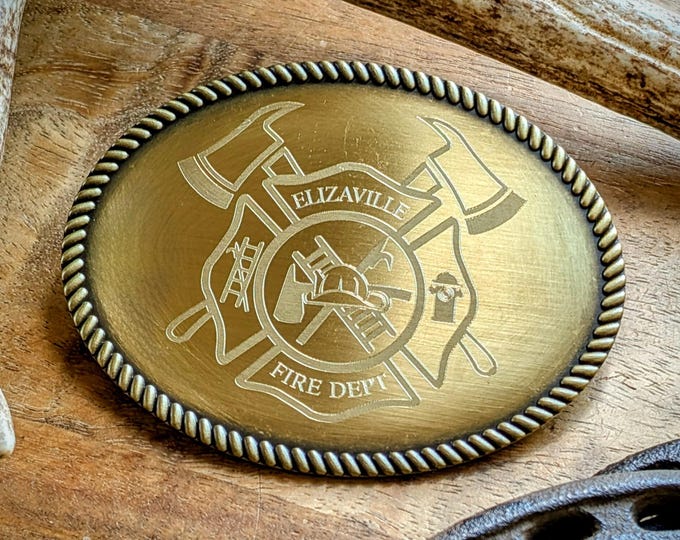 Personalized Golden Fire Department Belt Buckle: Custom Ranch Logo