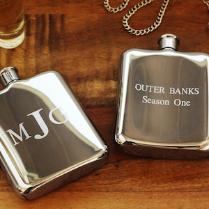 Engraved Silver Flask with Back Side Custom Text - High Polished Stainless Steel Flask - Personalized Groomsman or Bridesmaid Flask