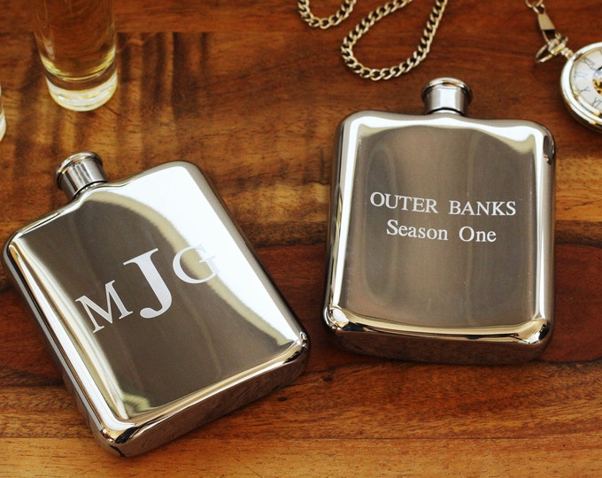 Engraved Silver Flask with Back Side Custom Text - High Polished Stainless Steel Flask - Personalized Groomsman or Bridesmaid Flask