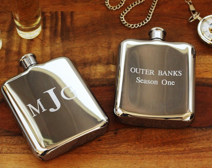 Engraved Silver Flask with Back Side Custom Text, High Polished Stainless Steel Flask, Personalized Groomsman or Bridesmaid Flask