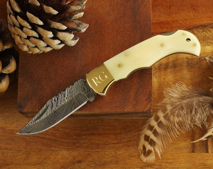 New Damascus Steel Folding Pocket Knife Groomsman Gift with White Bone Handle