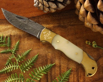 Engraved Damascus Pocket Knife: White Bone Handle, Groomsmen Gift
