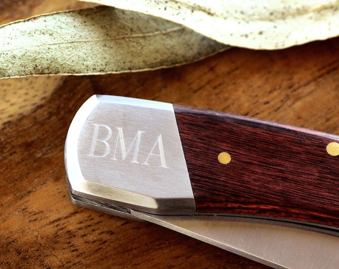 Large 5" Engraved Pocket Knife with Wood Handle