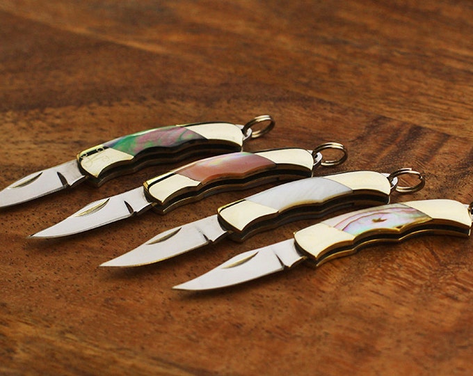 Personalized Abalone Keychain Knife: Engraved Initial Jewelry