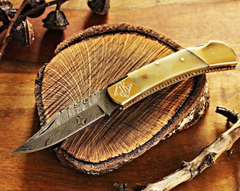 New Damascus Pocket Knife with Bone Handle, Damascus Steel Blade Pocket Knife, Minimalist Gift for Him