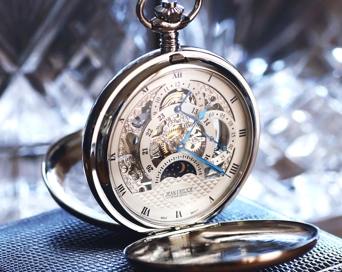 Sun and Moon Jean Pierre® of Switzerland Silver Mechanical Double Hunter Skeleton Engraved Pocket Watch, Dual Time Multi Dial Watch