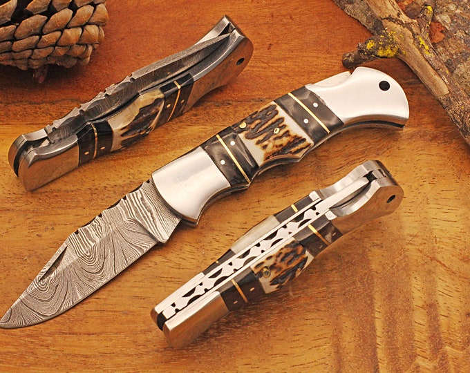 New Engraved Damascus Pocket Knife with Leather Sheath Genuine Stag and Black Wood, Personalized Damascus Folding Knife