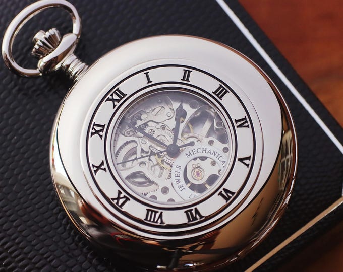 Jean Pierre® of Switzerland Silver Mechanical Pocket Watch with Window, Double Hunter Skeleton Pocket Watch, Anniversary Gift for Him