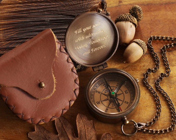 Bronze Personalized Compass with Leather Pouch- Engraved Compass