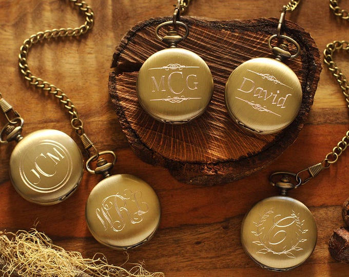 Custom Brass Pocket Watch, Personalized Groomsmen Gifts with Engraved Wedding Date, Anniversary Gift For Him