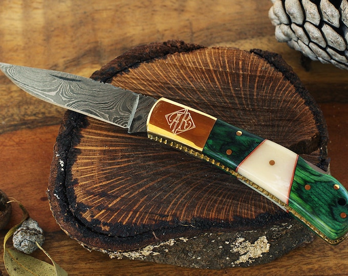 New Damascus Pocket Knife with Green Wood & Bone Handle Personalized Groomsman Pocket Knife, Damascus Knives with Emerald Color Wood Handle