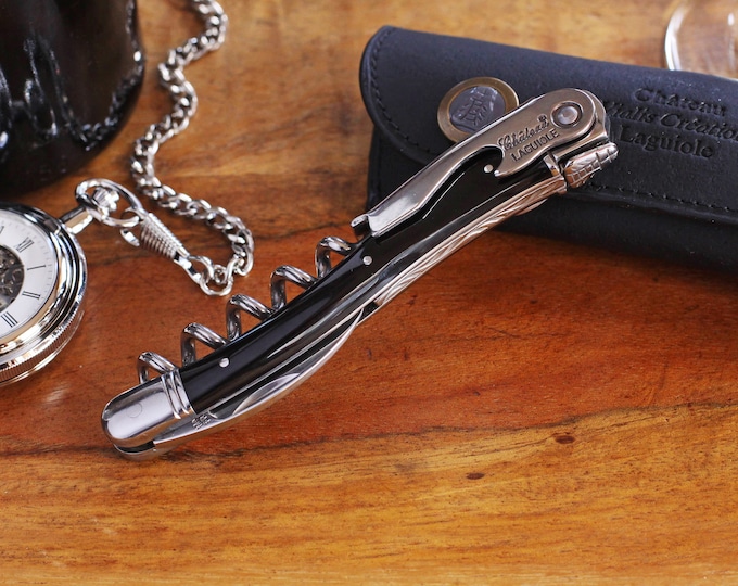 Chateau Laguiole Corkscrew, Black Horn Handle Wine Opener, Personalized Groomsman Gift,  Engraved Bottle Openers,  Corkscrew Opener