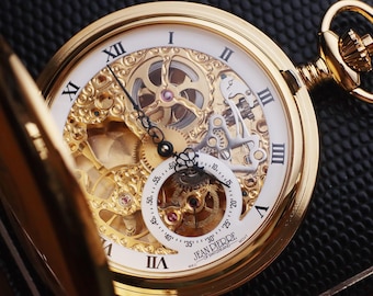 Engraved Gold Skeleton Pocket Watch: Jean Pierre of Switzerland Mechanical Watch
