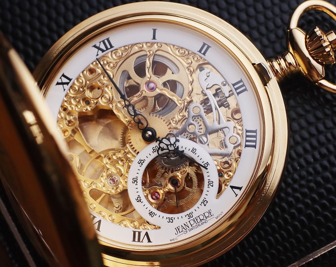 Jean Pierre® of Switzerland Gold Mechanical Double Hunter Skeleton Engraved Pocket Watch, Small Seconds Display