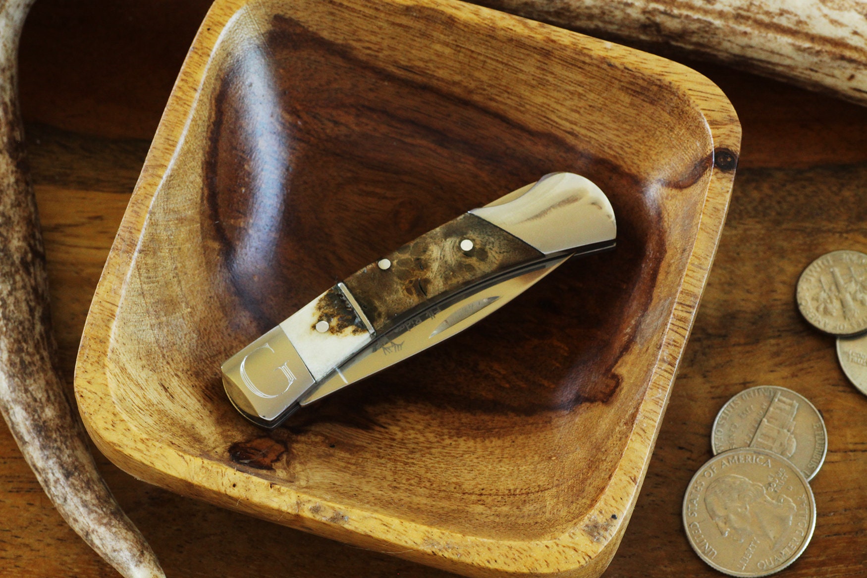 Engraved Tiny Pocket Knife Small Elkridge Stag Horn and Wood Handle