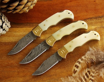 Mis-Engraved Damascus Pocket Knife with Bone Handle