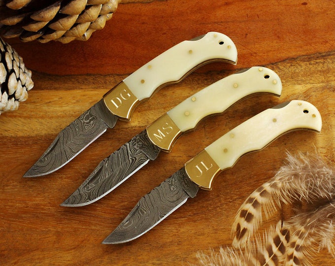 Mis-Engraved Damascus Pocket Knife with Bone Handle