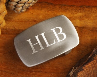 Engraved Solid Steel Belt Buckle: Personalized Satin Silver Monogram