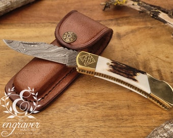 Damascus Pocket Folding Knife with Leather Sheath and Stag Handle, Personalized Groomsman Pocket Knife, Damascus Steel Blade Knives