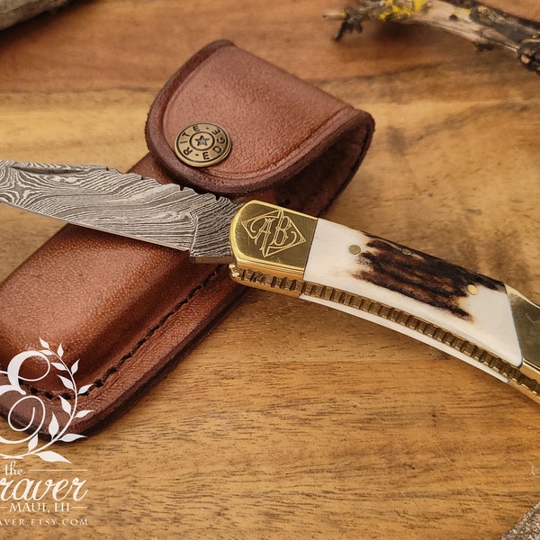 Damascus Pocket Folding Knife with Leather Sheath and Stag Handle, Personalized Groomsman Pocket Knife, Damascus Steel Blade Knives