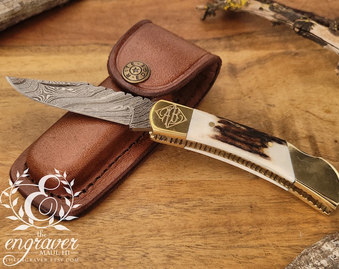 Damascus Pocket Folding Knife with Stag Handle and Leather Sheath