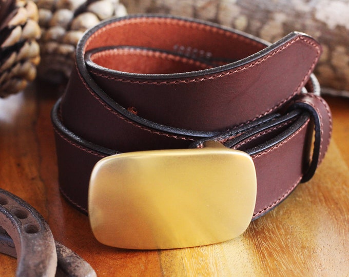 USA Amish Made Leather Belt with Custom Personalized Engraved Solid Brass Belt Buckle