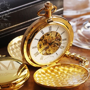 Mount Royal Double Hunter Skeleton Gold Pocket Watch, Personalized Anniversary Pocket Watch, Valentine's Day Gift for Him