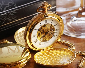 Mount Royal Double Hunter Skeleton Gold Pocket Watch, Personalized Anniversary Pocket Watch, Valentine's Day Gift for Him