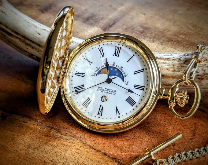 Gold Jean Pierre Pocket Watch with Sun and Moon Display, Personalized Quartz Battery Powered Pocket Watch