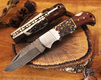 Handmade Damascus Steel Pocket Knife Anniversary Gift For Him, Custom Knife with Stag and Wood Handle