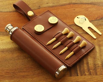 Engraved Golf Flask Gift Set: Monogrammed Divot Tool & Ball Markers