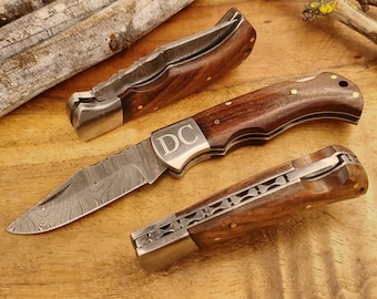 Handmade Damascus Pocket Knife: Rose Wood Handle