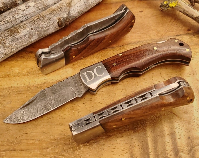 New Handmade Damascus Pocket Knife Rose Wood Handle, Birthday Gift Folding Knife, Groomsmen Gift Anniversary Personalized Gift for Men